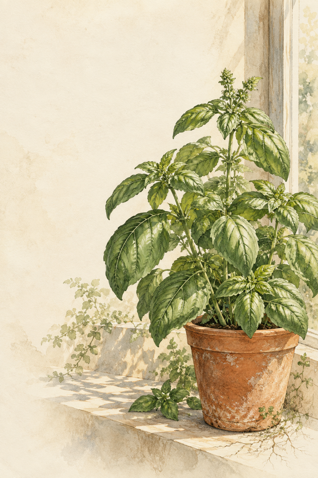 Ilustração de temperos cultivados em vasos junto à janela